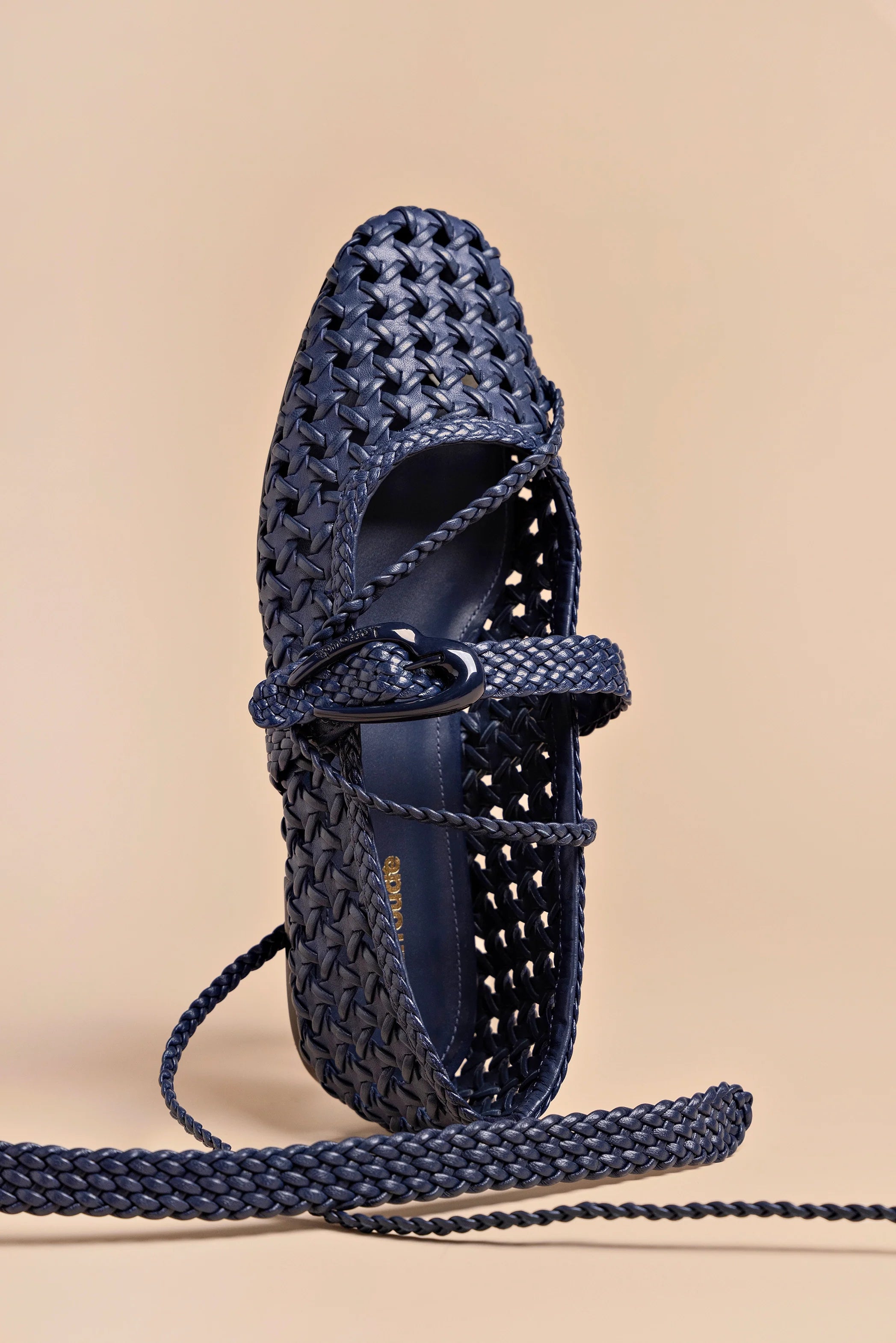 Navy Leather Macrame Mary-Jane Ballet Flat