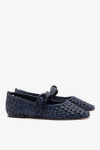 Navy Leather Macrame Mary-Jane Ballet Flat