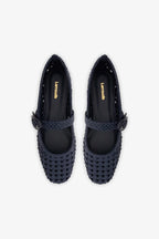 Navy Leather Macrame Mary-Jane Ballet Flat