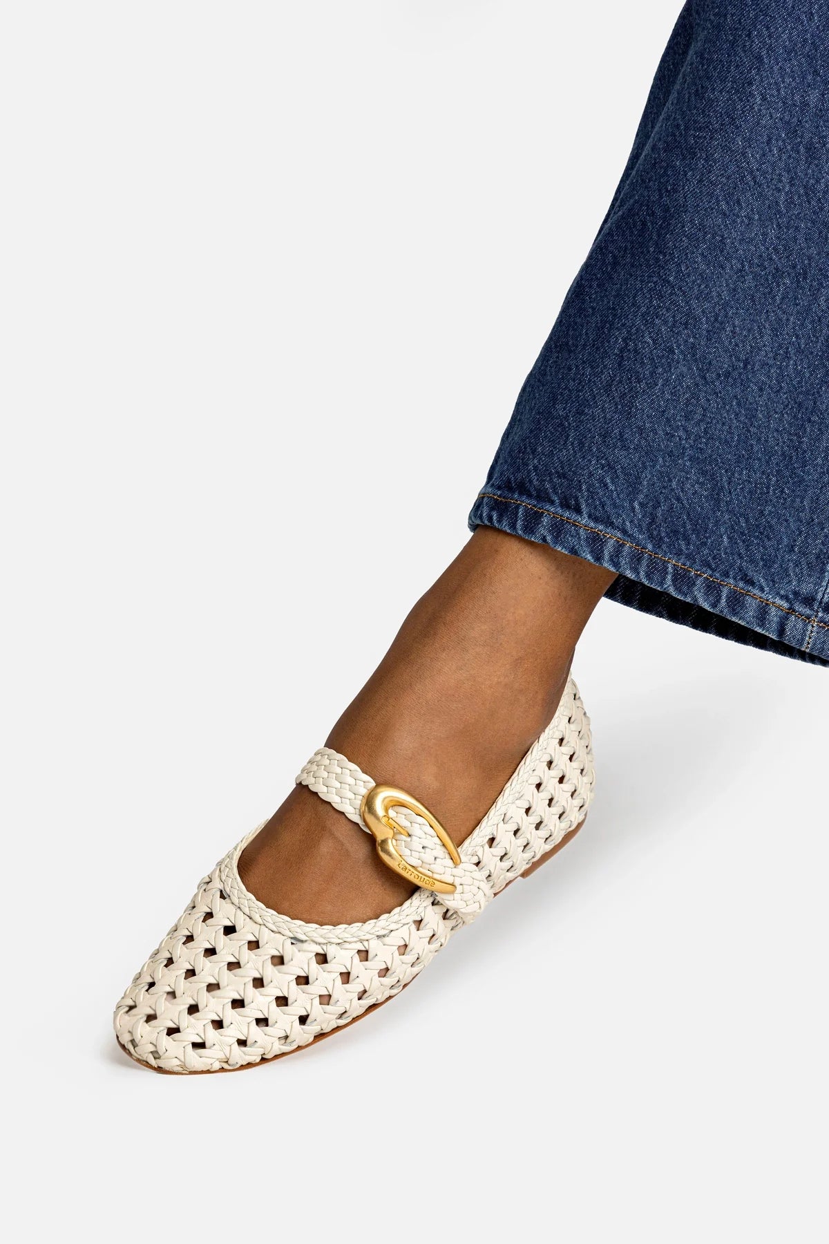Ivory Leather Macrame Mary-Jane Ballet Flat