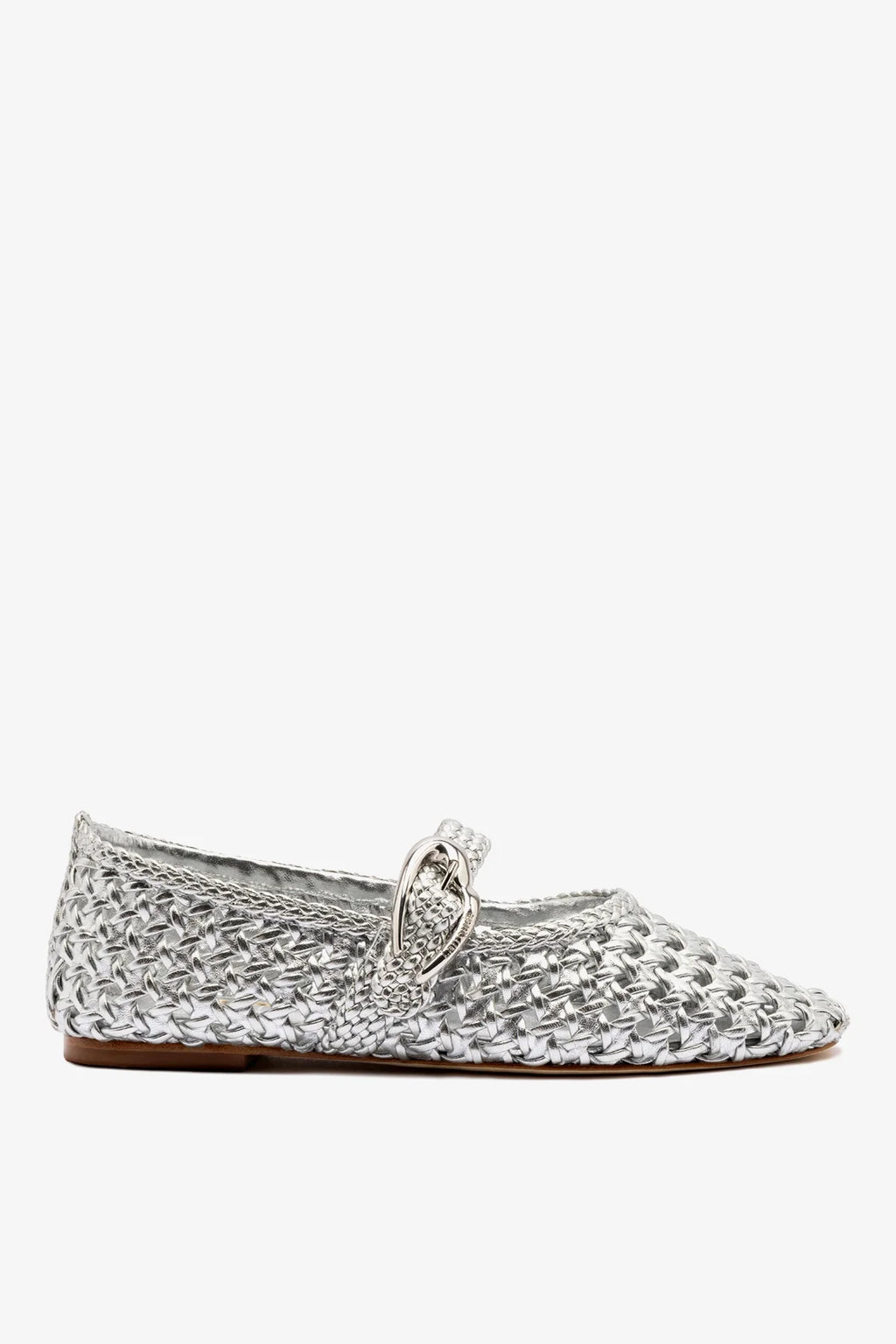 Silver Metallic Leather Macrame Mary-Jane Ballet Flat