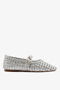 Silver Metallic Leather Macrame Mary-Jane Ballet Flat