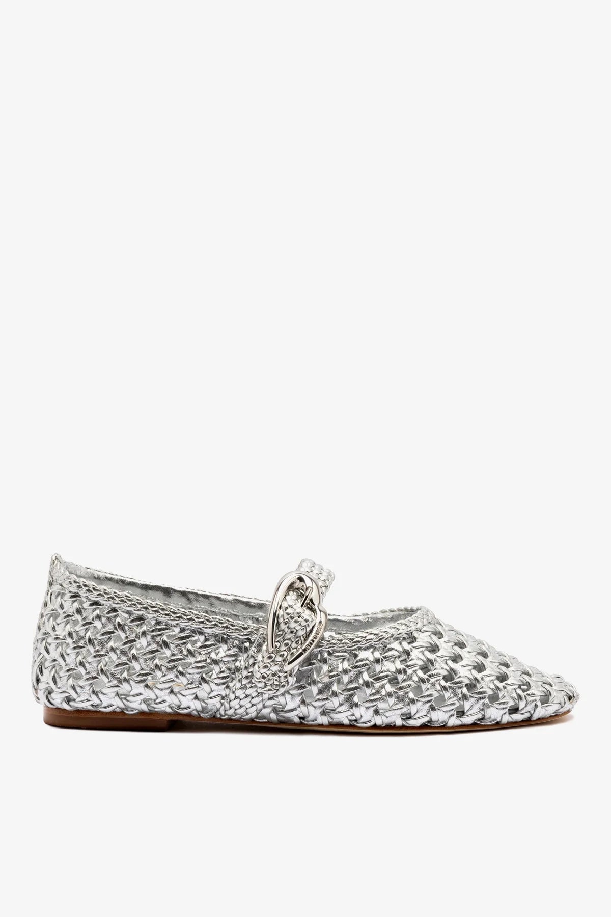 Silver Metallic Leather Macrame Mary-Jane Ballet Flat