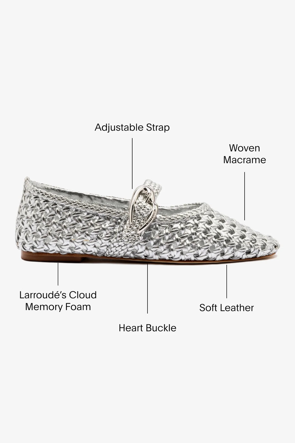 Silver Metallic Leather Macrame Mary-Jane Ballet Flat