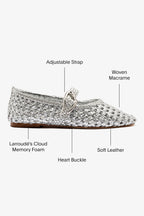 Silver Metallic Leather Macrame Mary-Jane Ballet Flat