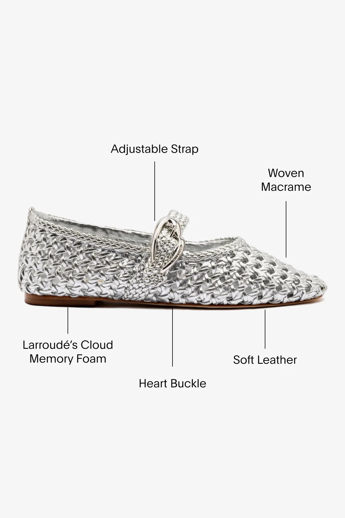 Silver Metallic Leather Macrame Mary-Jane Ballet Flat
