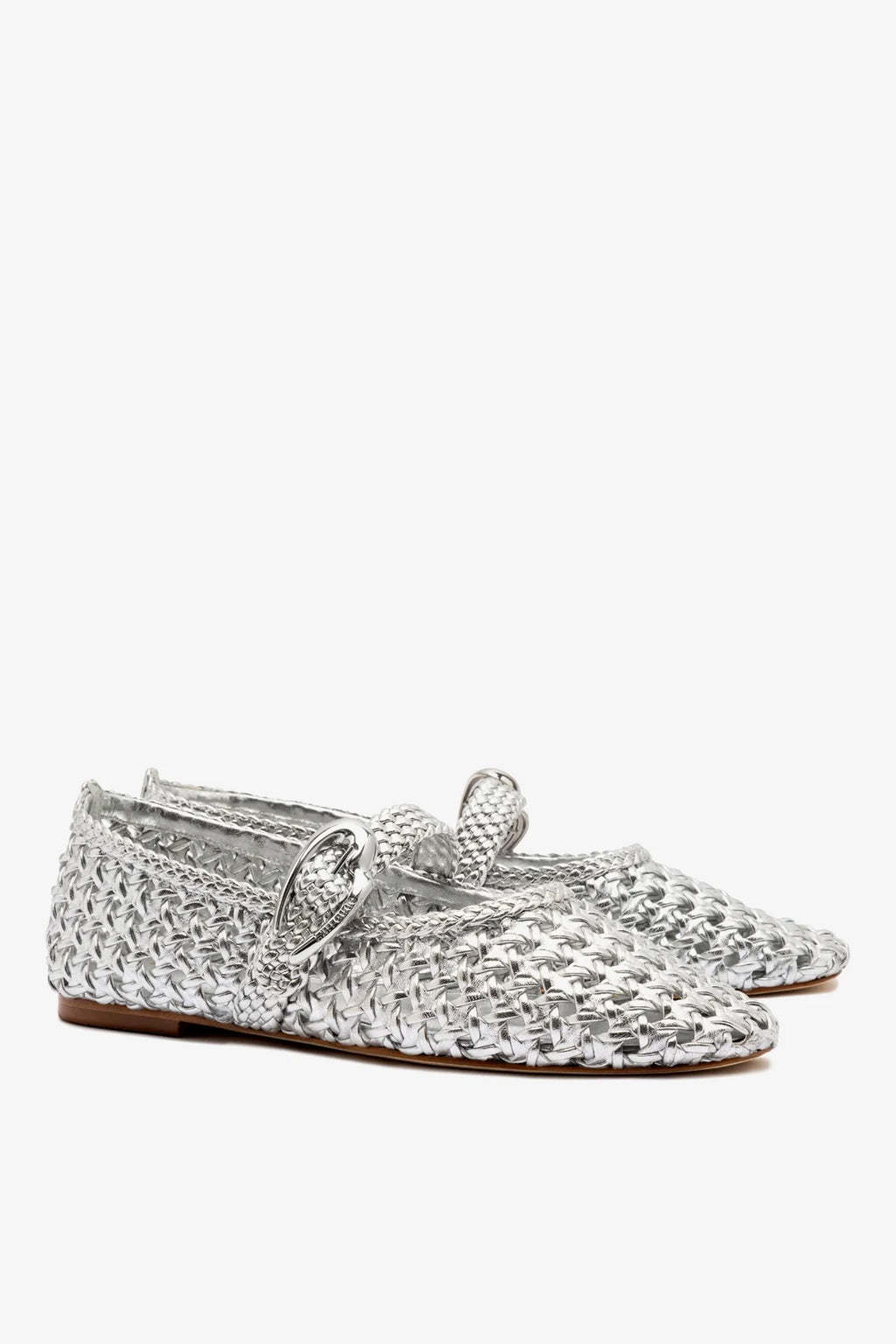 Silver Metallic Leather Macrame Mary-Jane Ballet Flat