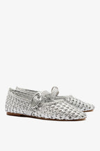 Silver Metallic Leather Macrame Mary-Jane Ballet Flat