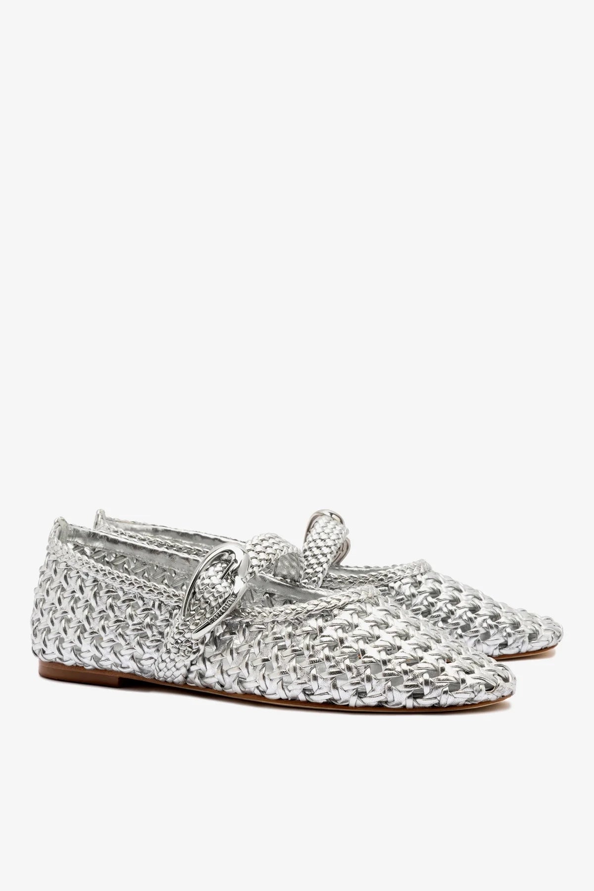 Silver Metallic Leather Macrame Mary-Jane Ballet Flat