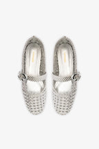 Silver Metallic Leather Macrame Mary-Jane Ballet Flat