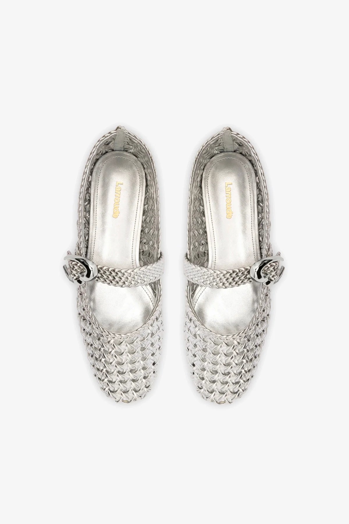 Silver Metallic Leather Macrame Mary-Jane Ballet Flat