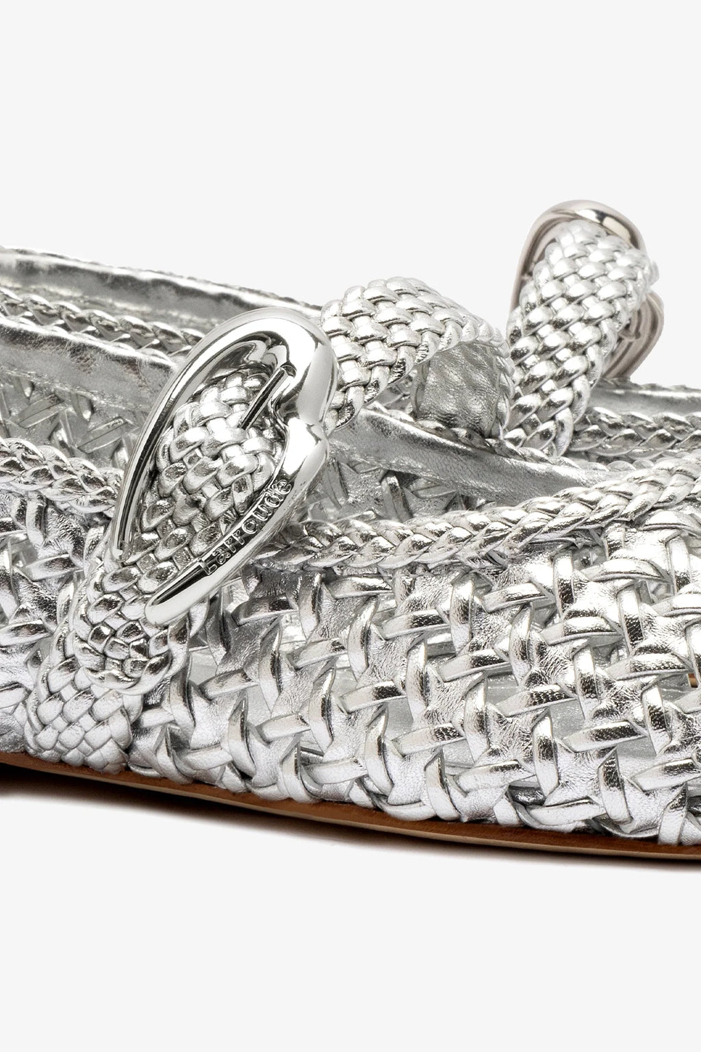 Silver Metallic Leather Macrame Mary-Jane Ballet Flat