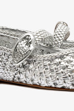 Silver Metallic Leather Macrame Mary-Jane Ballet Flat