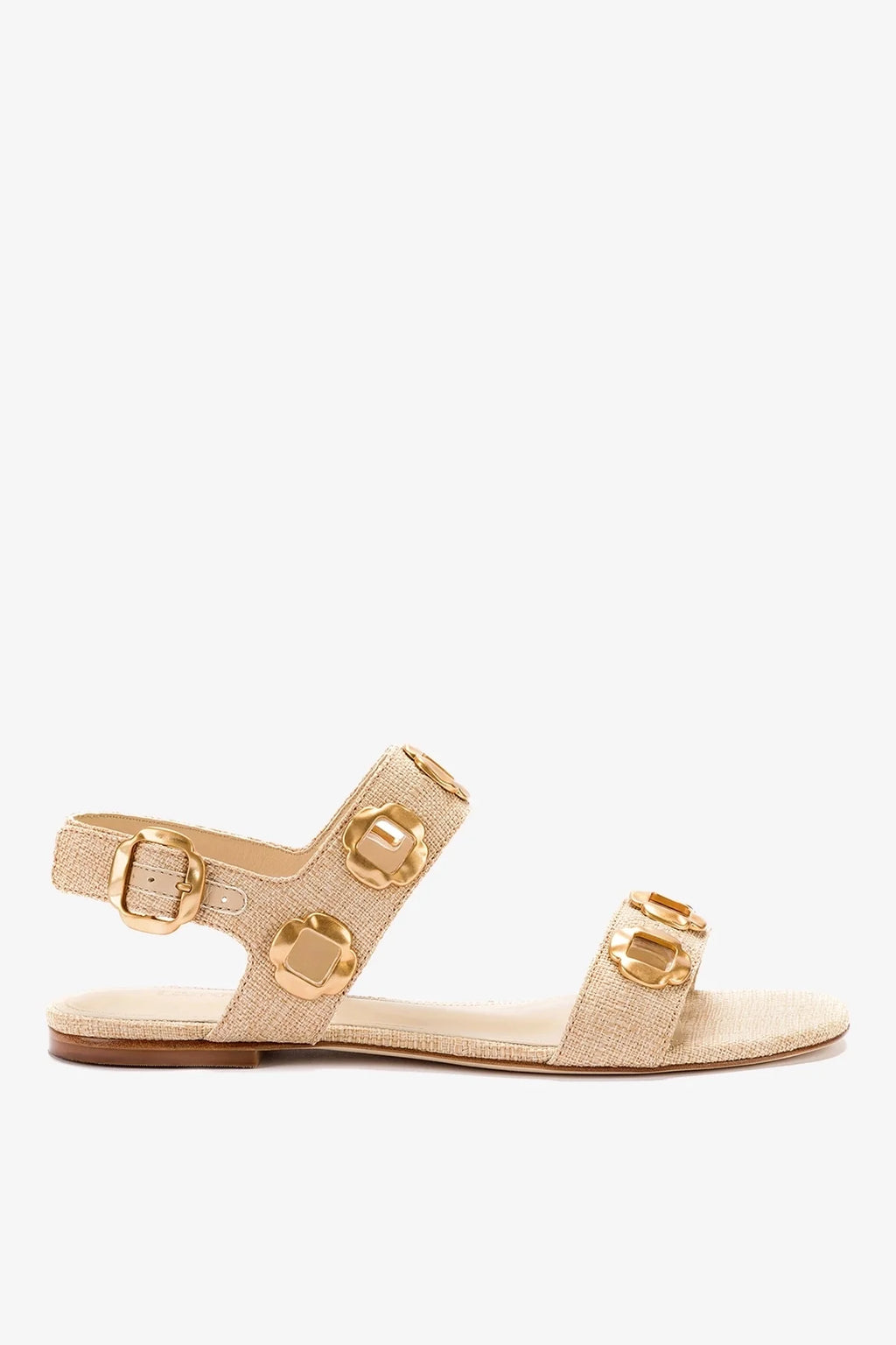 Beige Raffia Flat Sandal with Chain Detail