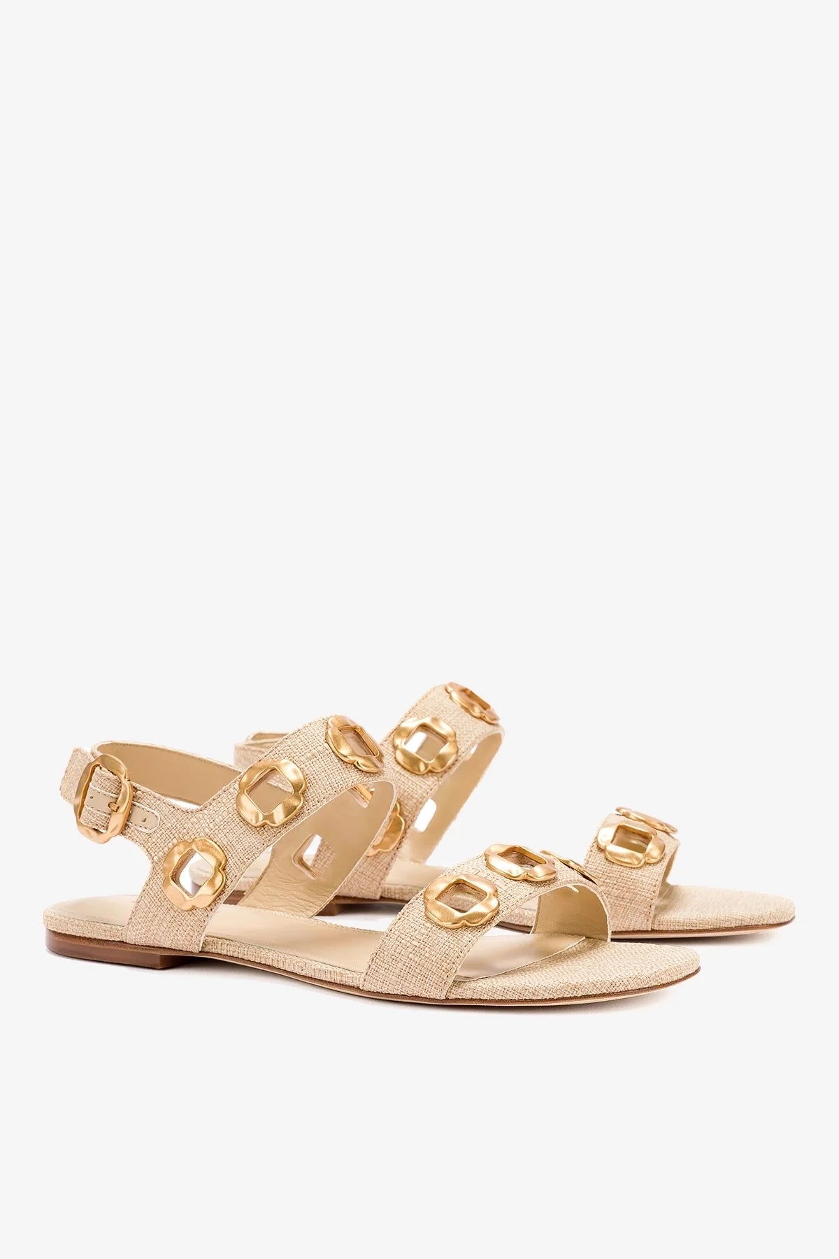 Beige Raffia Flat Sandal with Chain Detail