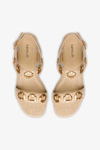 Beige Raffia Flat Sandal with Chain Detail