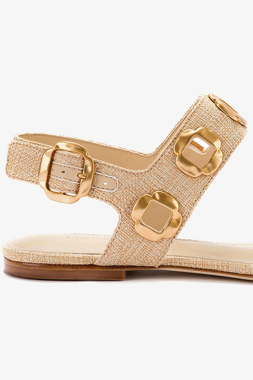 Beige Raffia Flat Sandal with Chain Detail