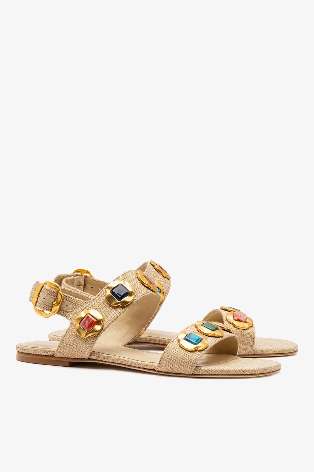 Beige Raffia Flat Sandal with Jewel-Tone Accents