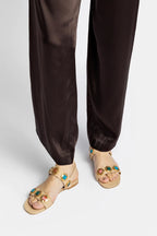 Beige Raffia Flat Sandal with Jewel-Tone Accents