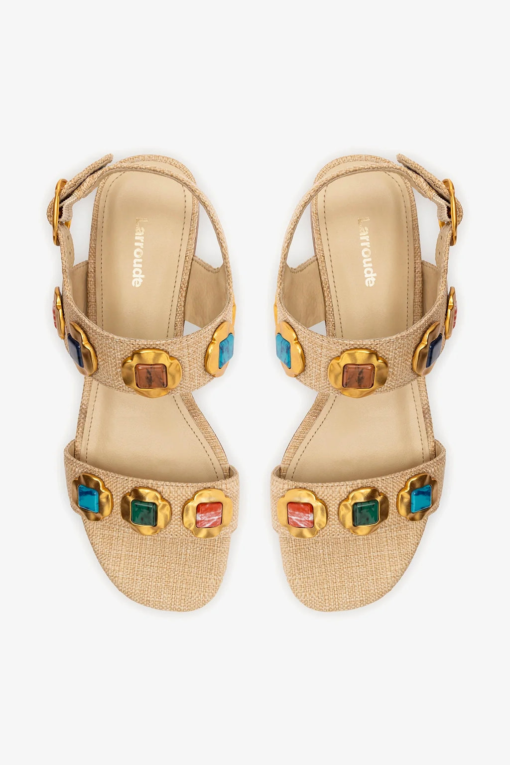 Beige Raffia Flat Sandal with Jewel-Tone Accents