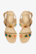 Beige Raffia Flat Sandal with Jewel-Tone Accents
