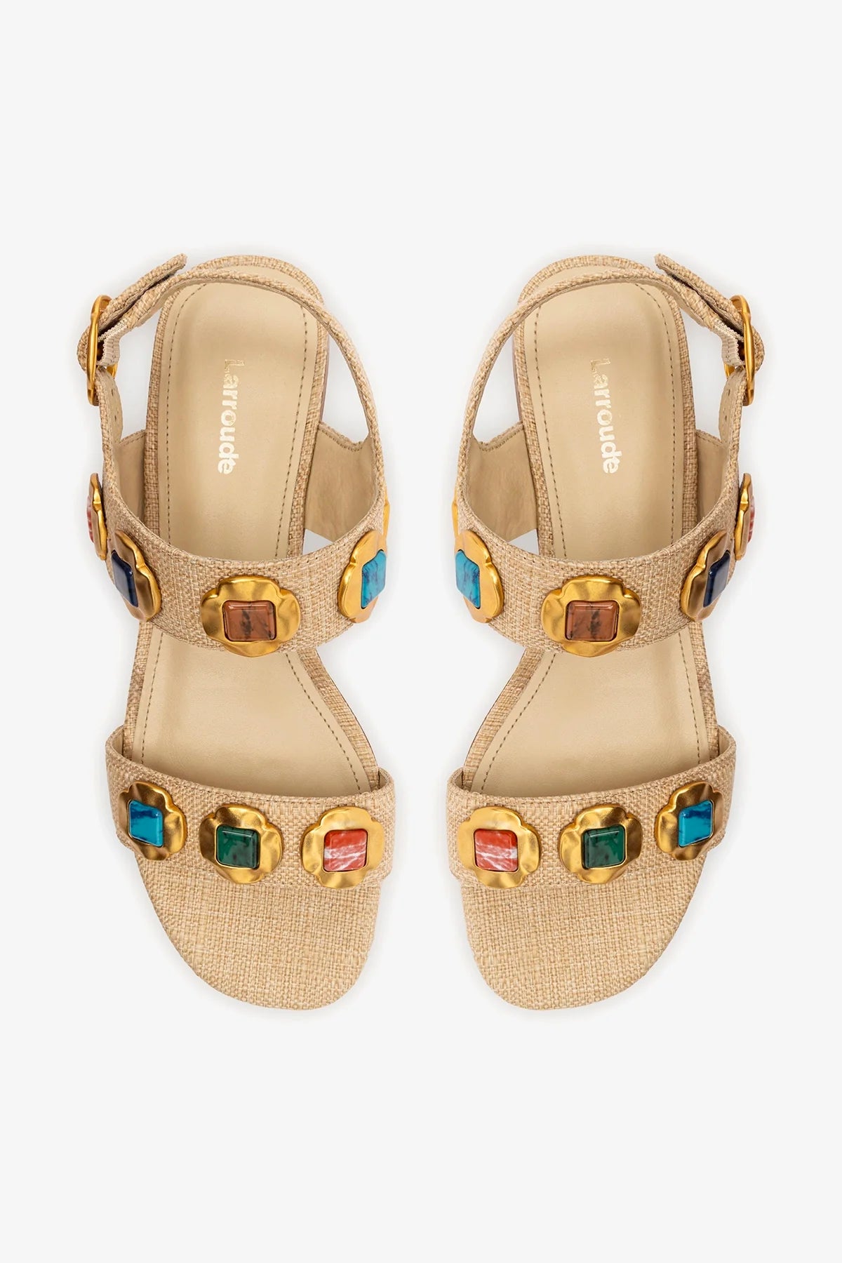 Beige Raffia Flat Sandal with Jewel-Tone Accents