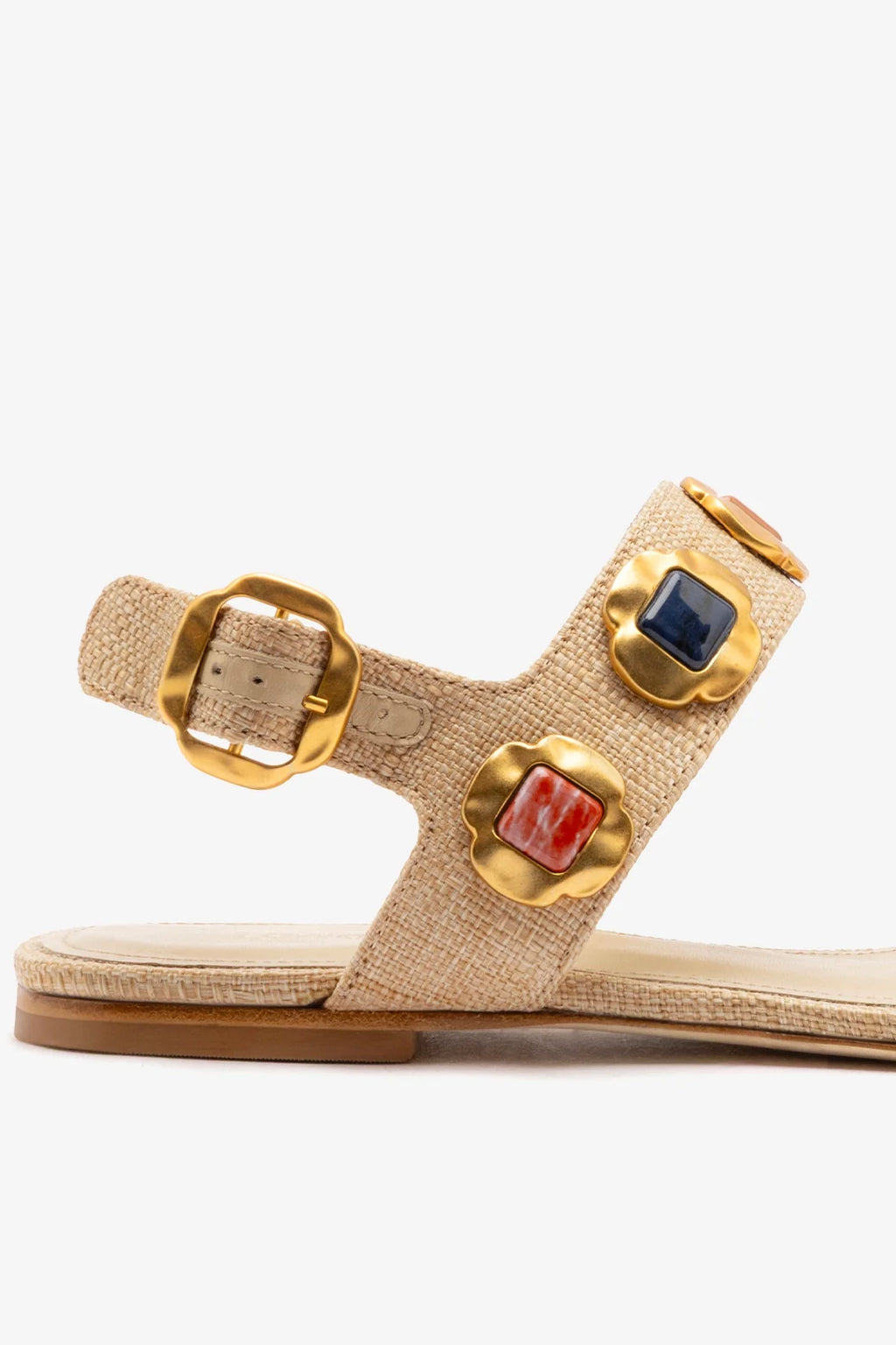 Beige Raffia Flat Sandal with Jewel-Tone Accents
