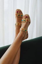 Beige Raffia Flat Sandal with Jewel-Tone Accents