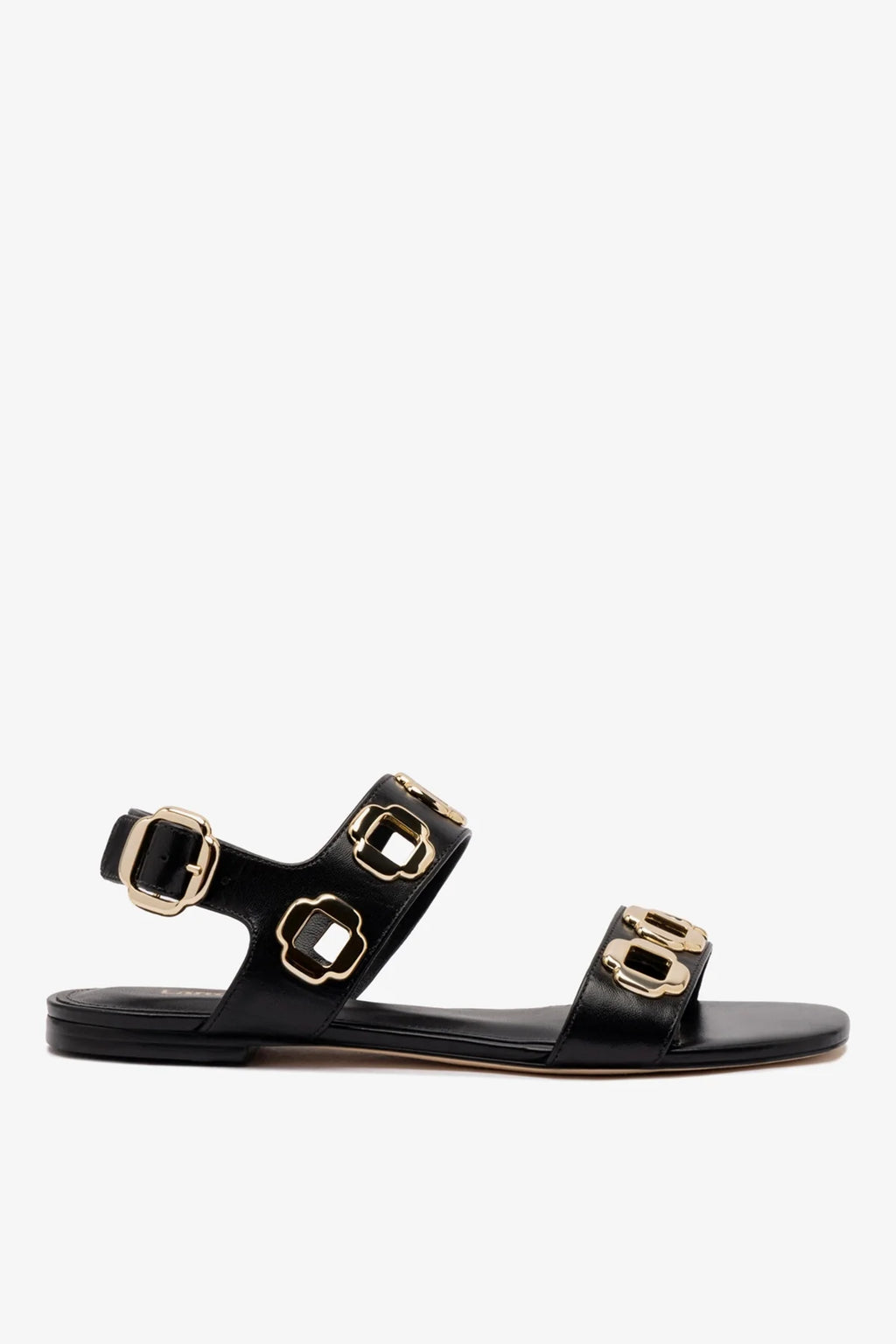 Black Leather Flat Sandal with Chain Detail