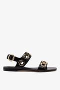 Black Leather Flat Sandal with Chain Detail