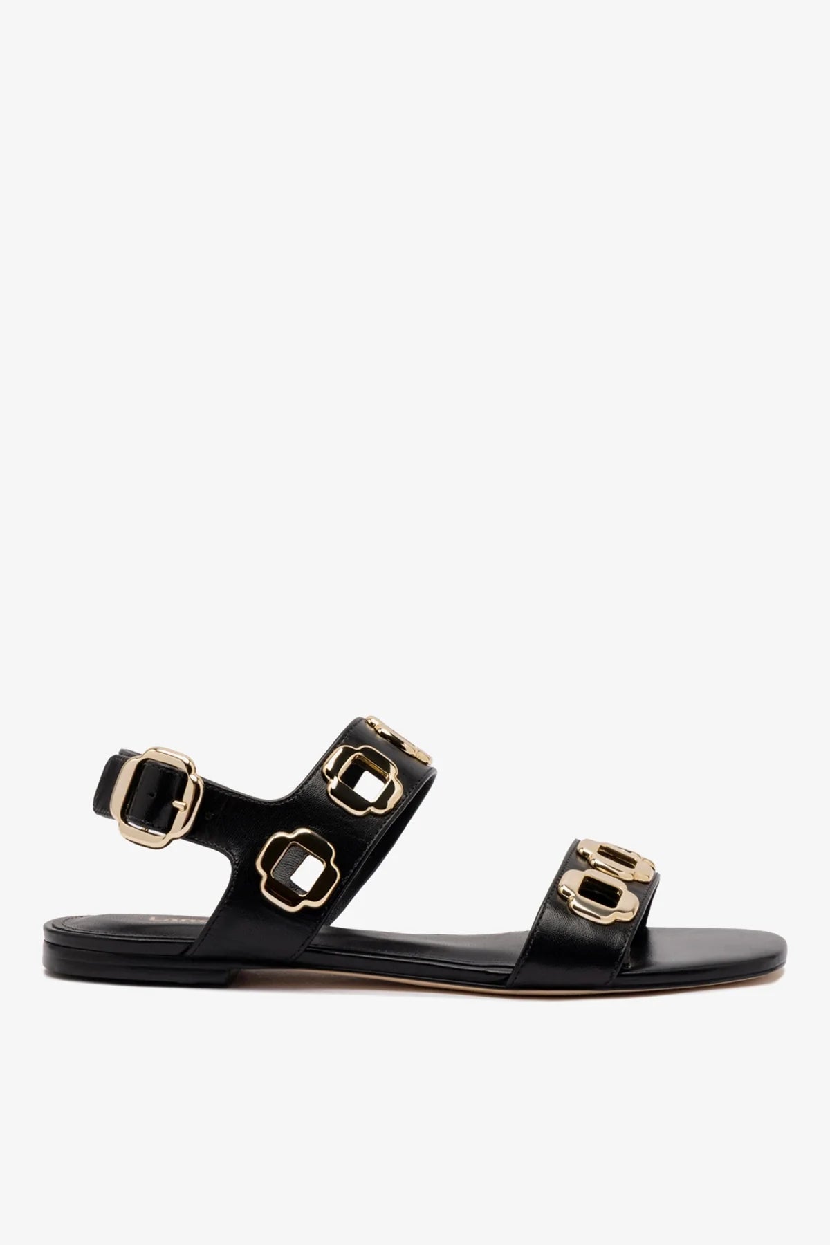 Black Leather Flat Sandal with Chain Detail