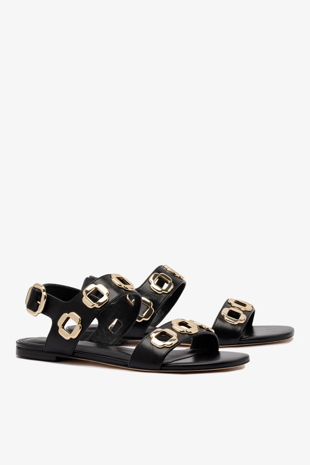 Black Leather Flat Sandal with Chain Detail