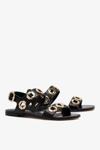 Black Leather Flat Sandal with Chain Detail