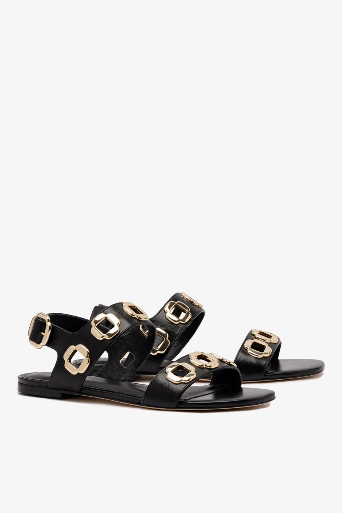 Black Leather Flat Sandal with Chain Detail