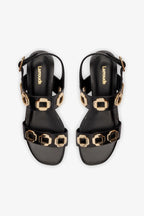 Black Leather Flat Sandal with Chain Detail