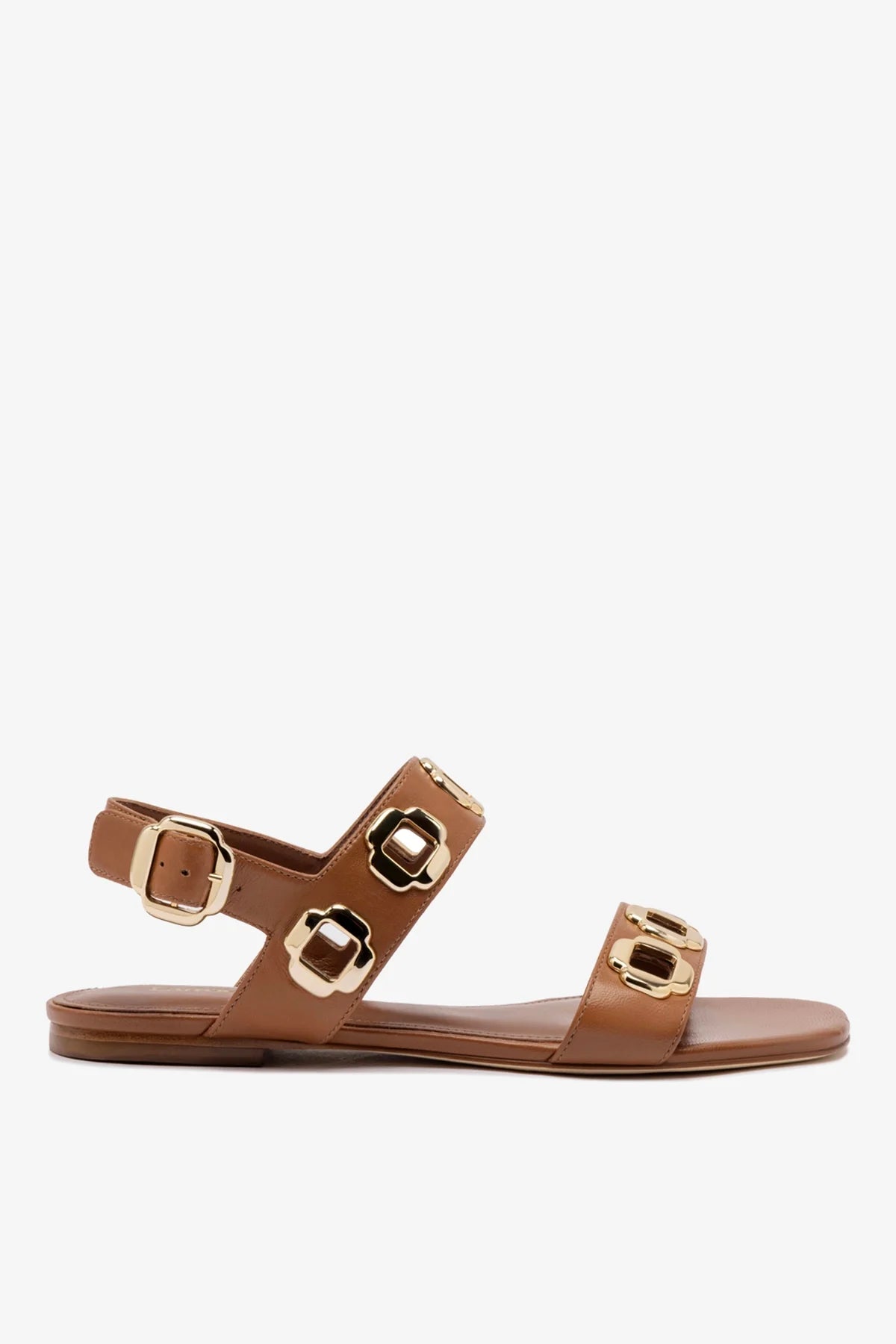 Caramel Leather Flat Sandal with Chain Detail