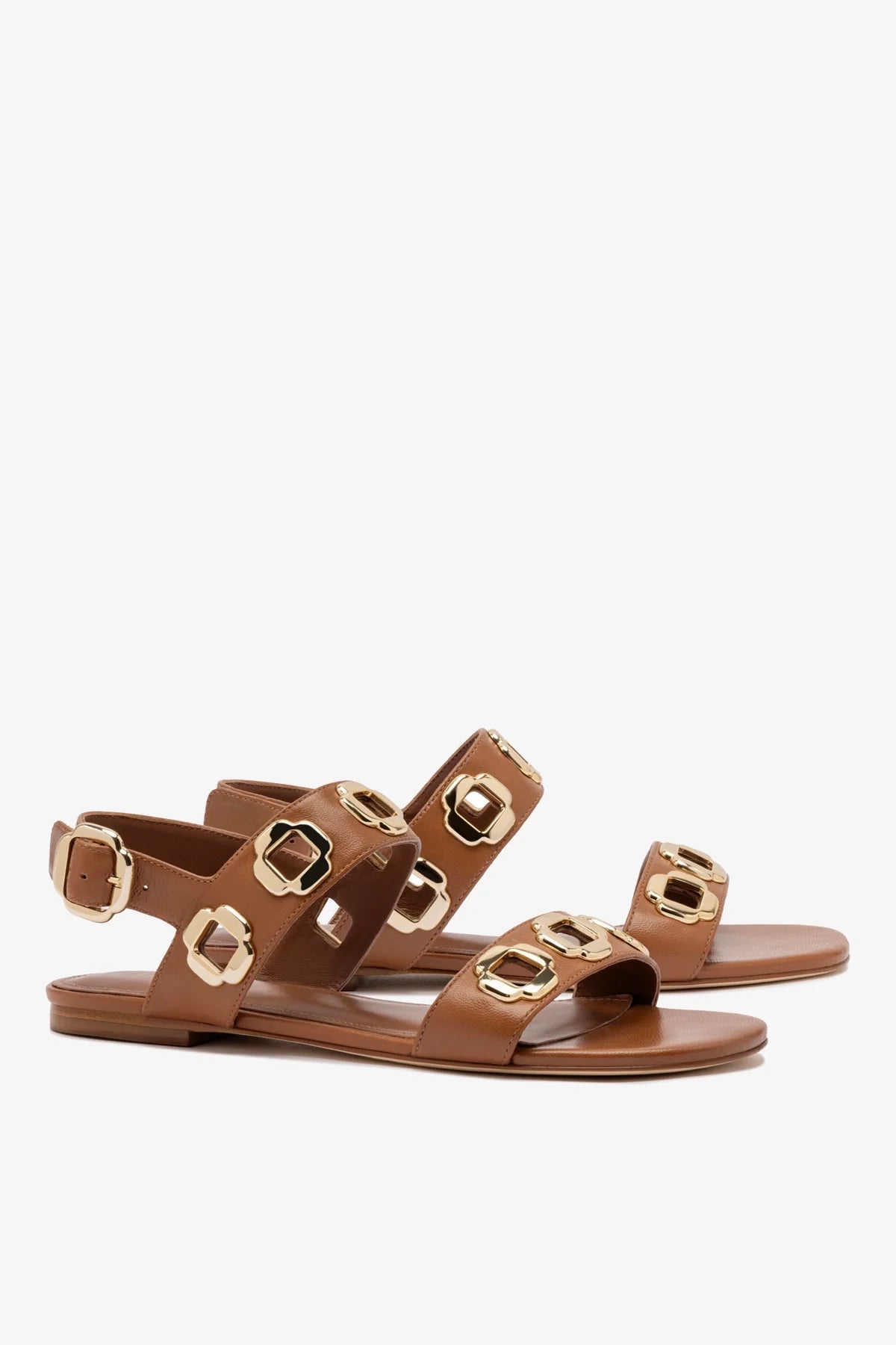 Caramel Leather Flat Sandal with Chain Detail