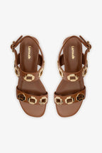 Caramel Leather Flat Sandal with Chain Detail