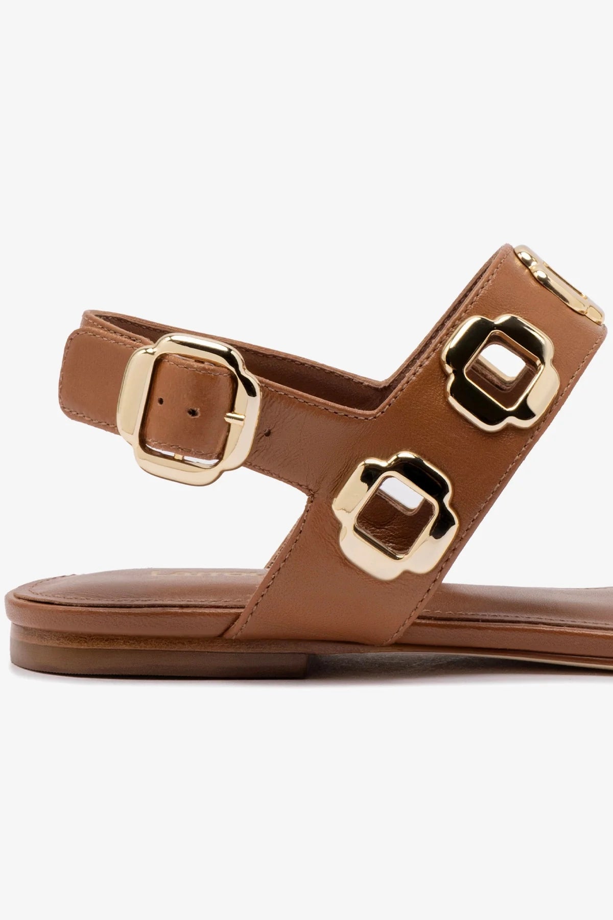 Caramel Leather Flat Sandal with Chain Detail