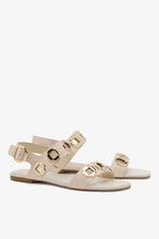 Ivory Leather Flat Sandal with Chain Detail