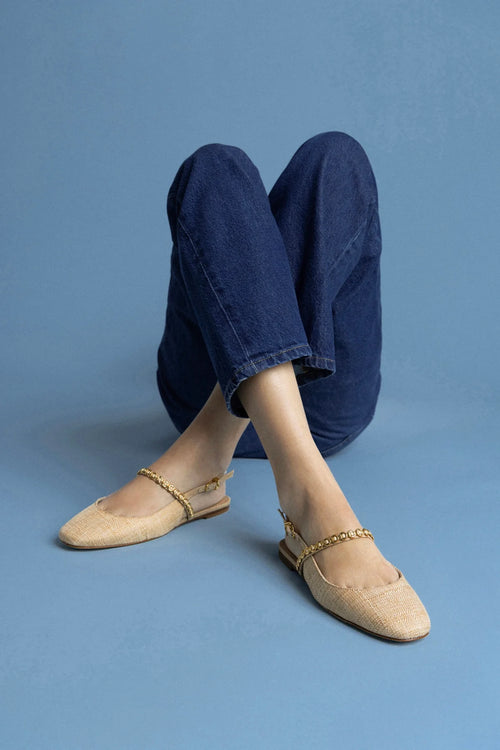Beige Raffia Ballet Flat with Adjustable Strap