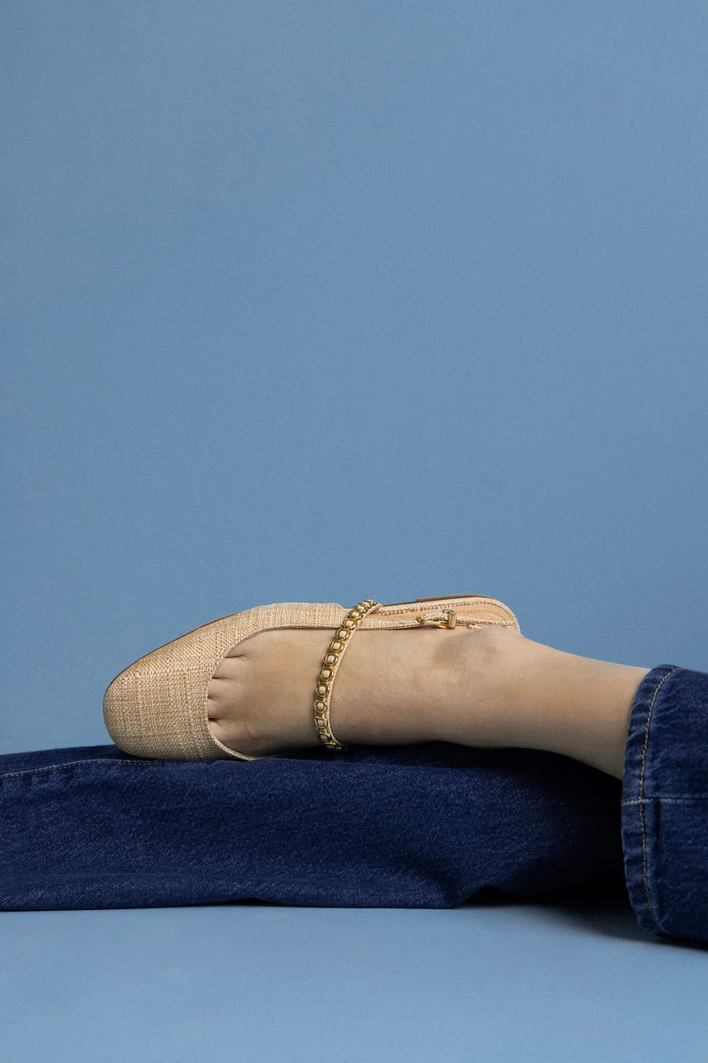Beige Raffia Ballet Flat with Adjustable Strap