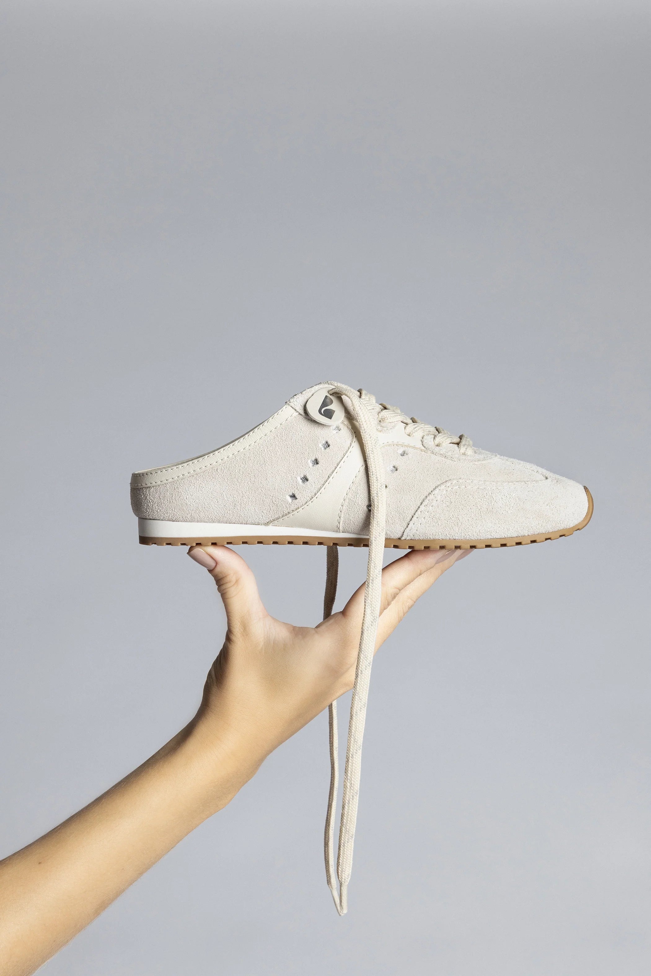 Mushroom Grey Suede and Ivory Leather Slip-On Mule