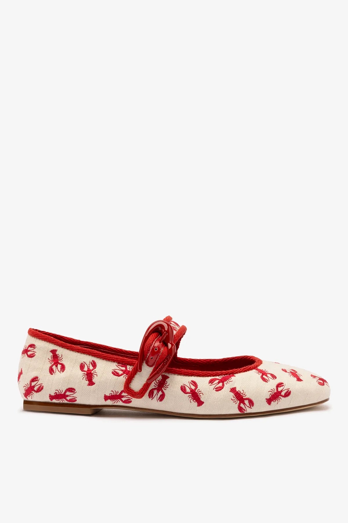White Striped Fabric Ballet Flat with Lobster Embroidery