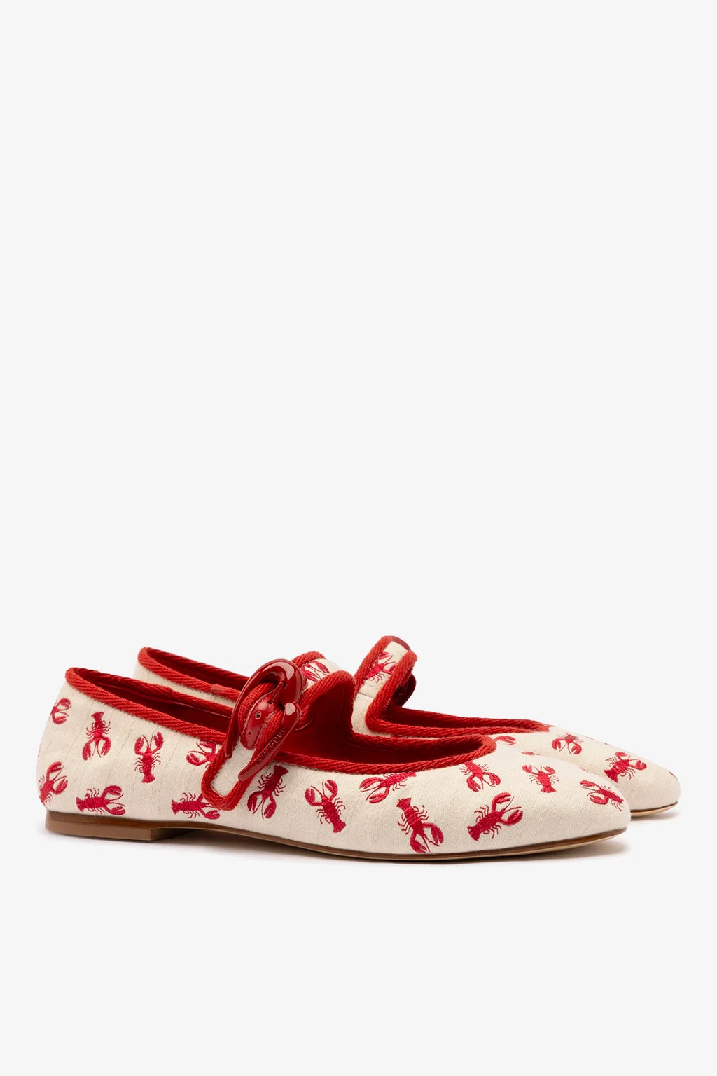 White Striped Fabric Ballet Flat with Lobster Embroidery
