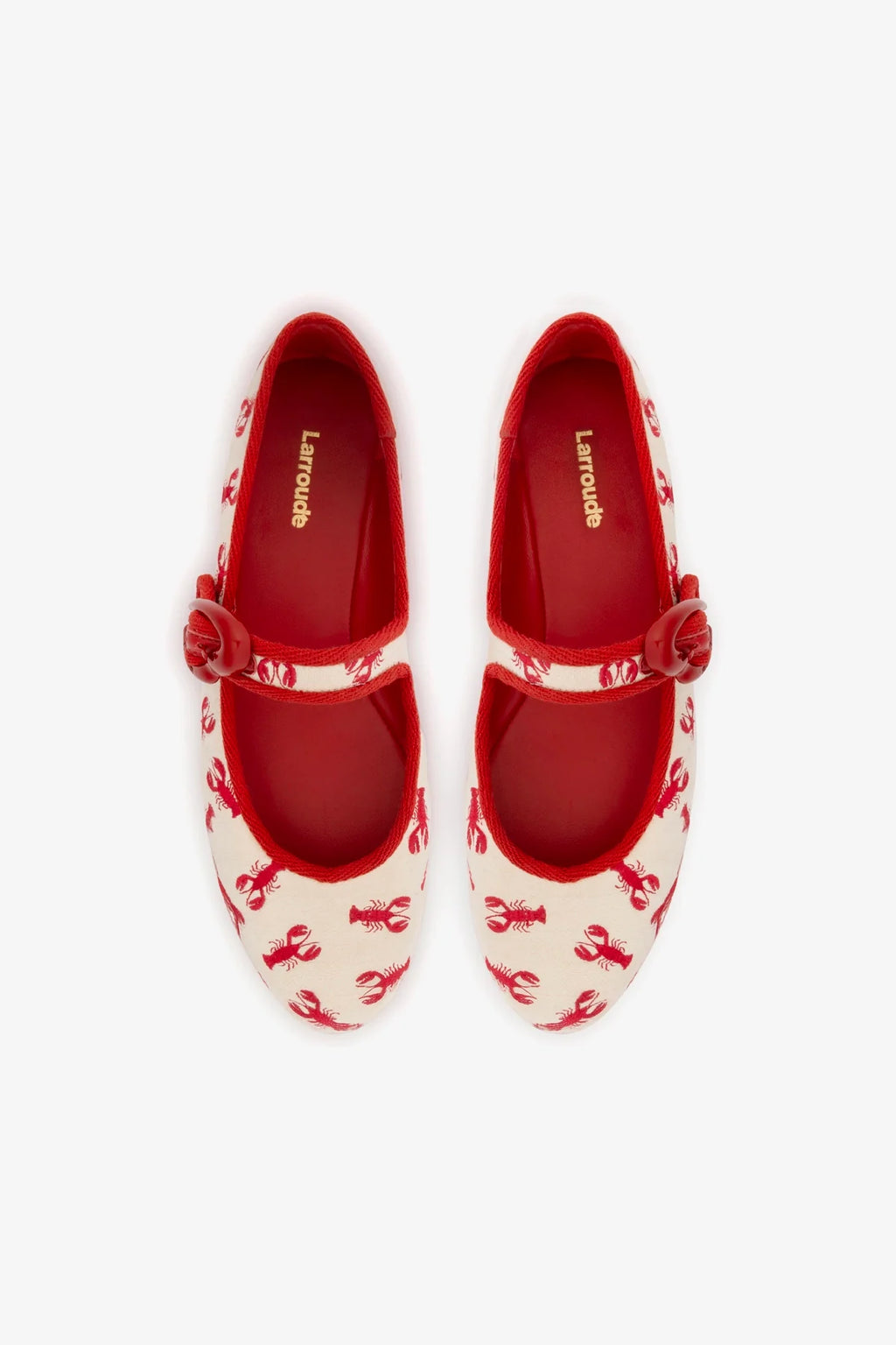 White Striped Fabric Ballet Flat with Lobster Embroidery