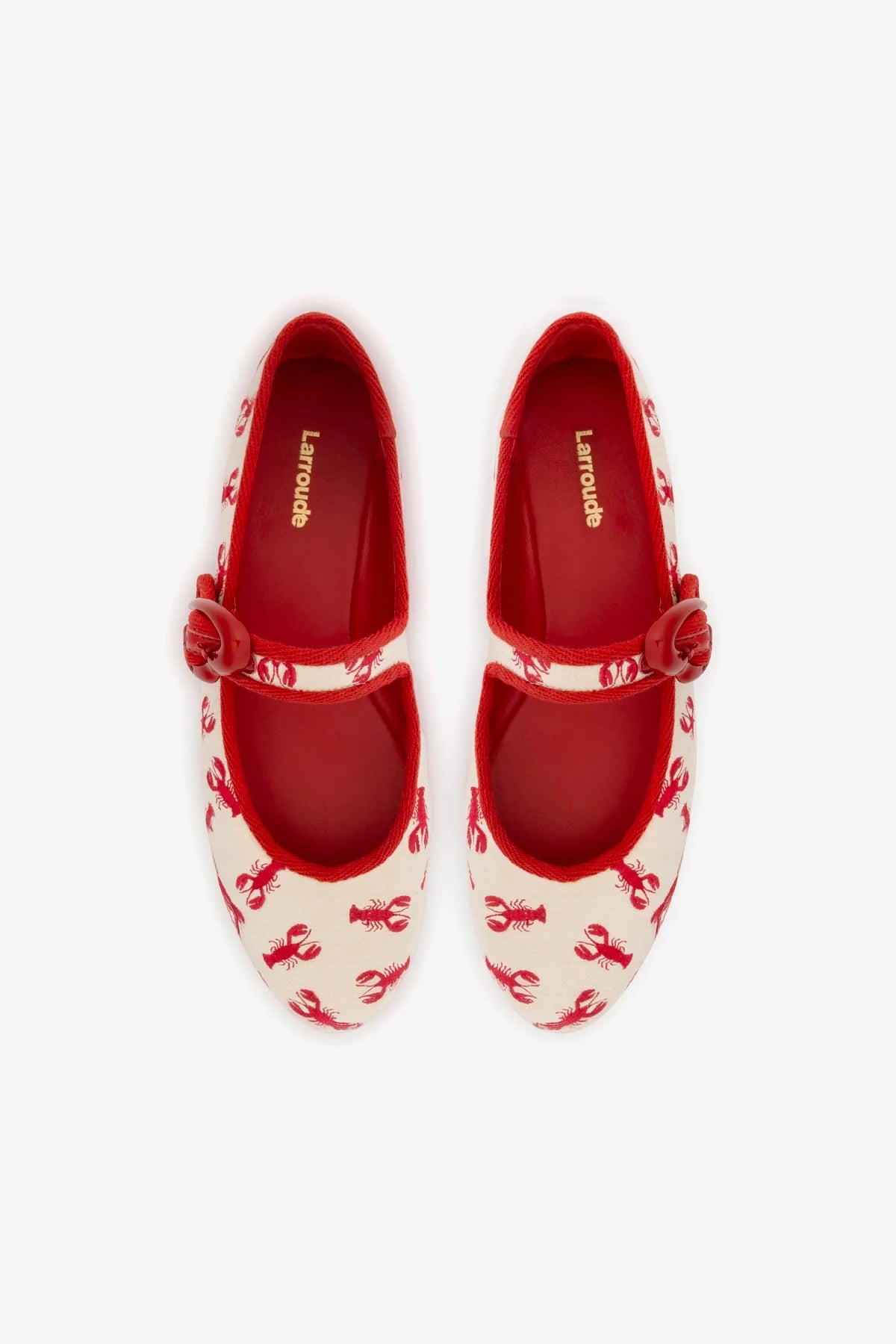 White Striped Fabric Ballet Flat with Lobster Embroidery