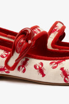 White Striped Fabric Ballet Flat with Lobster Embroidery