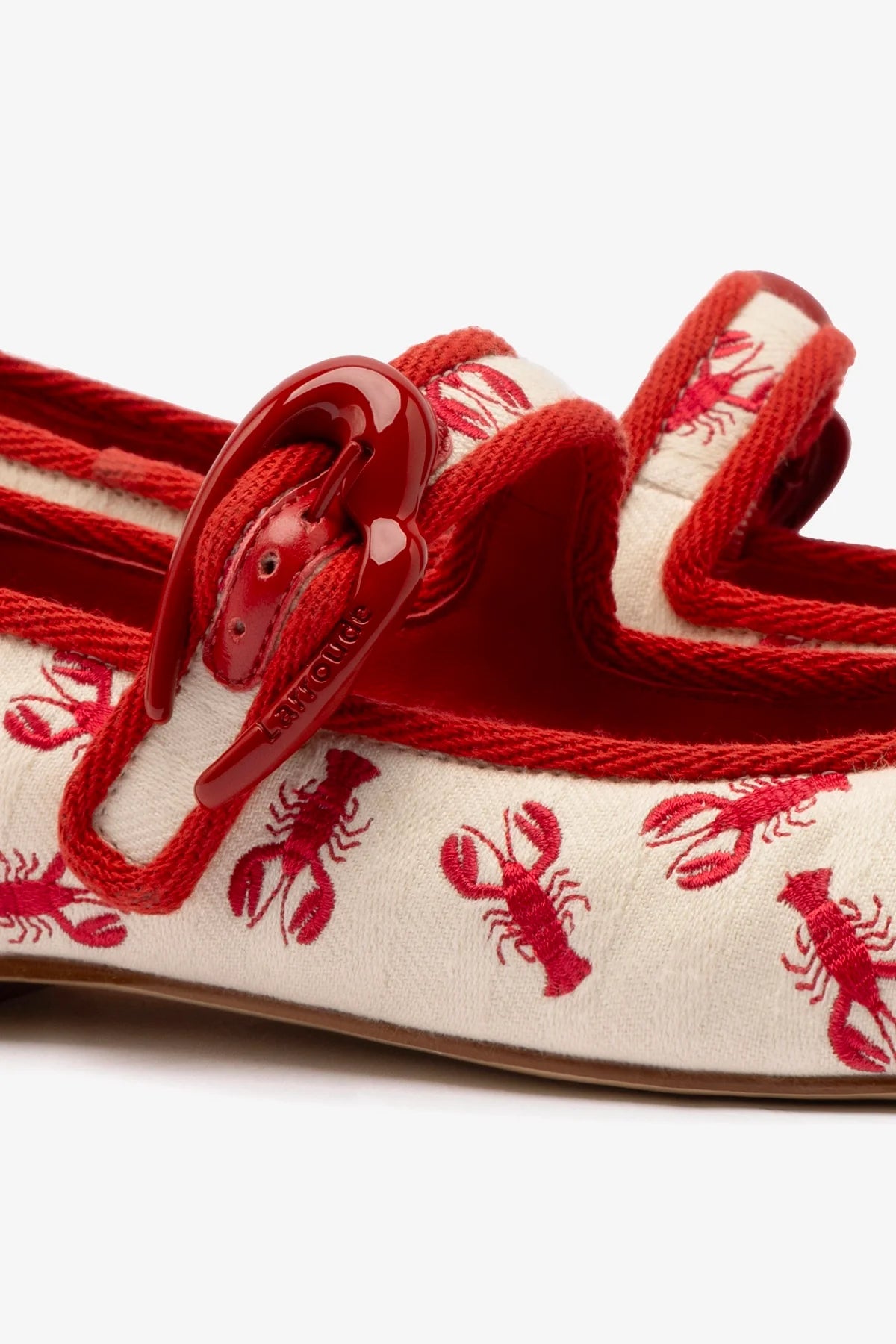White Striped Fabric Ballet Flat with Lobster Embroidery