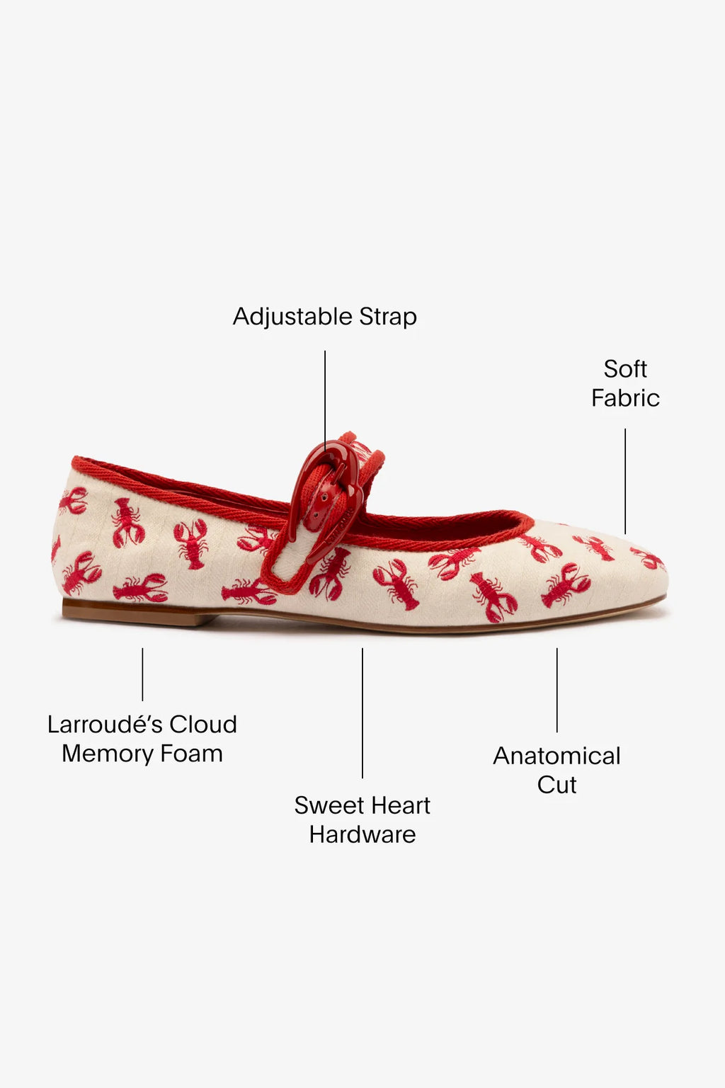 White Striped Fabric Ballet Flat with Lobster Embroidery